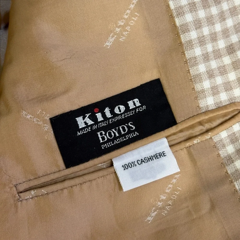 Kiton Napoli 100% Cashmere Gingham Sport Coat Blazer Tan White Mens 52‎ IT 42 US